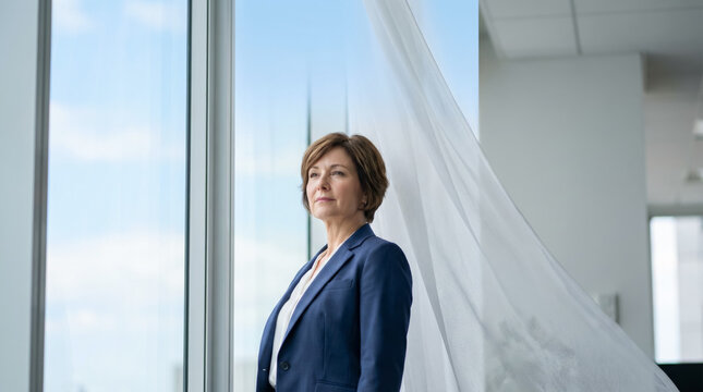 Confident caucasian mature female executive standing by office window