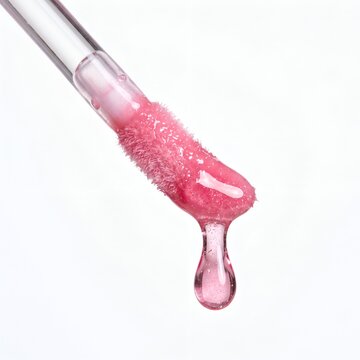 Close-up of pink lip gloss dripping from a clear applicator wand in soft lighting