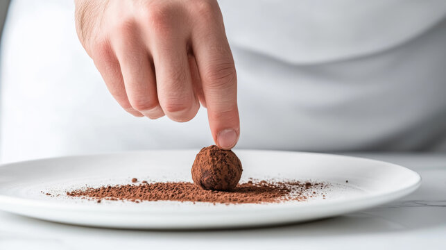 Close-up of hand rolling cocoa-dusted chocolate truffle on plate
