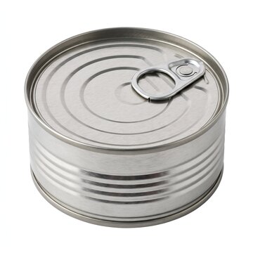 Empty silver tin can with ring-pull tab isolated on white background