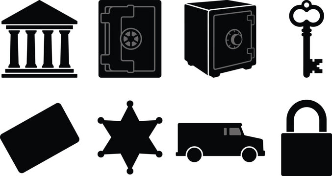 Bank Security and Protection Icons Set &ndash; Black Silhouette Vector Collection for Finance and Safety Design