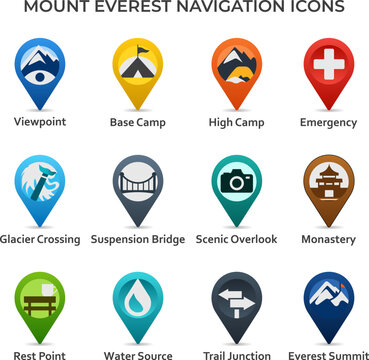 Mount Everest Trek Navigation Marker Icon Set