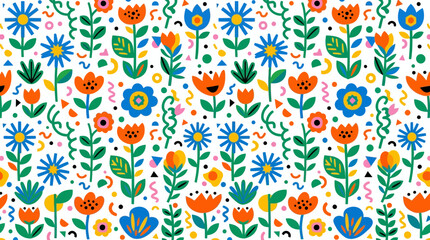 Obraz premium Colorful Seamless Floral Pattern with Hand Drawn Stylized Flowers and Geometric Shapes