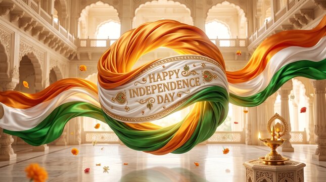 Happy indian independence day banner with flag colors and palace decor