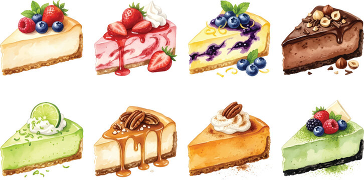 Vector Illustration Hand Painted Cheesecake Dessert Clipart Set Isolated on White Background