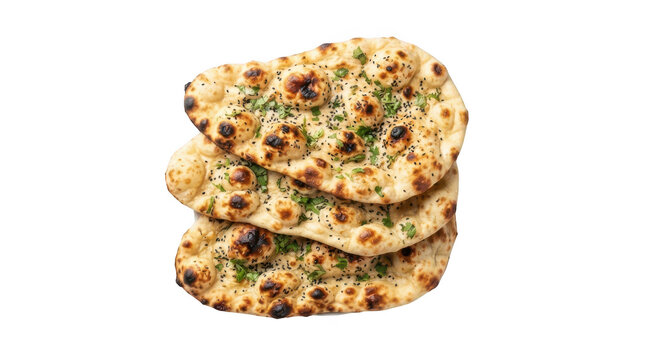 Freshly baked garlic naan bread with herbs and nigella seeds isolated on transparent background
