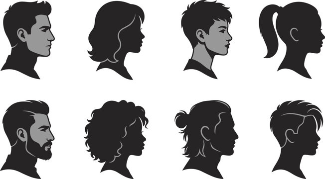 Flat vector silhouette profile avatar set featuring diverse men and women with various hairstyles