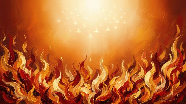 Painted of flickering orange and red flames with floating glowing diya lamps fire generated using ai