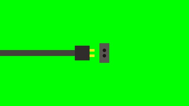Close-up of a black power cord with a yellow connector about to plug into a gray socket against a bright green background.
