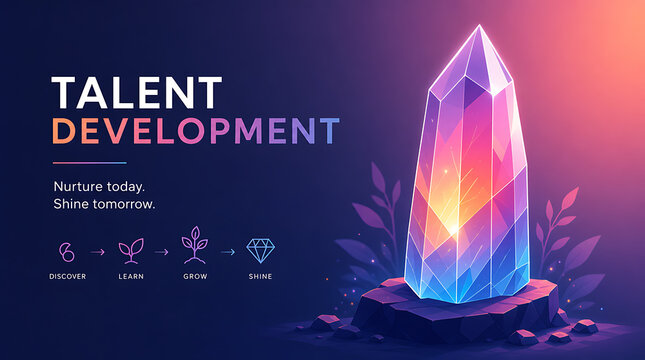 Crystal glowing with vibrant colors serves as a metaphor for talent development and the transformative process of nurturing individual potential to achieve brilliance and long-term success.