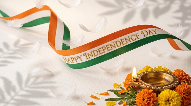 Happy independence day ribbon with diya, marigold flowers, and feathers