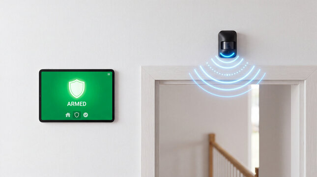 High-tech smart home security concept with a sleek sensor node and wall-mounted tablet showing ARMED mode in green. Represents IoT automation, intelligent surveillance, wireless monitoring, and reside
