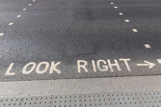 Look Right Road Marking on Pedestrian Crossing in London, England, UK