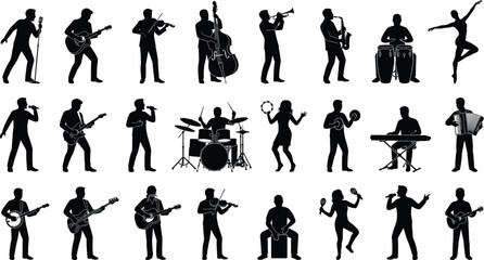 Musician Band Silhouette Collection with Singer Guitarist Drummer Dancer and Instrument Performers Vector Set © VecktorWorld