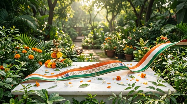 Indian independence day ribbon on a marble pedestal in a lush garden