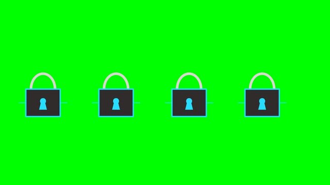 Four black padlocks with blue keyholes displayed in a row against a vibrant green background.