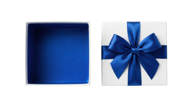 Open and closed gift box with blue ribbon isolated on transparent background