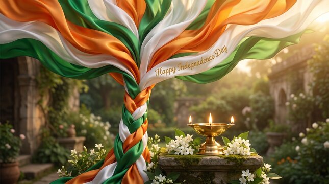 Indian independence day celebration with tricolor flag tree and diya
