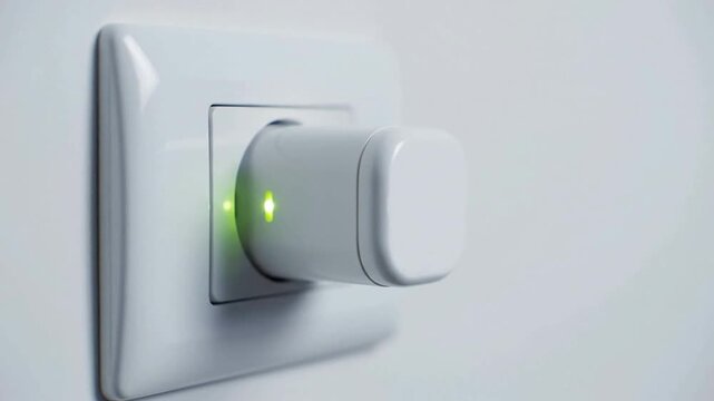 Smart home wi-fi plug connected to wall outlet with active green led indicator light for energy monitoring and automation technology