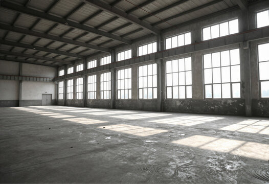 Empty warehouse with high windows, light rays
