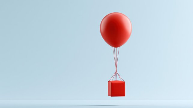 A red balloon lifting a red cube against a light blue background