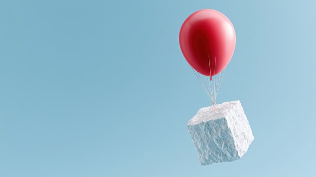 A red balloon lifts a textured cube into a clear blue sky, creating an surreal and imaginative scene