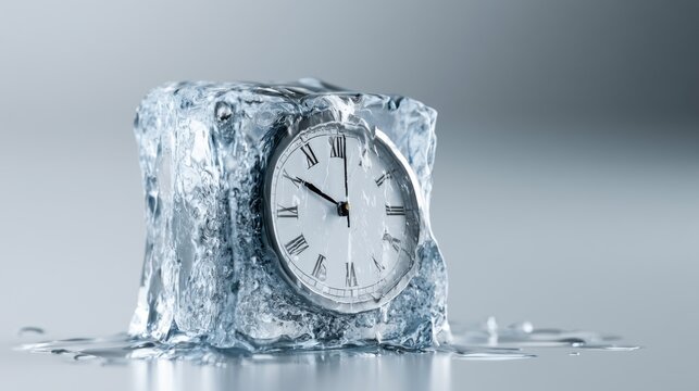 A vintage pocket watch frozen in a melting ice block, symbolizing frozen time or a halt in progress. The icy texture and water droplets convey a sense of stillness and the ephemeral nature of moments