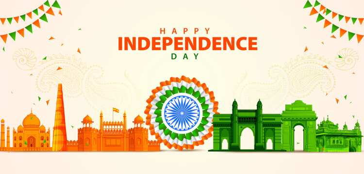 India Independence Day Skyline Banner with Ashoka Chakra Vector