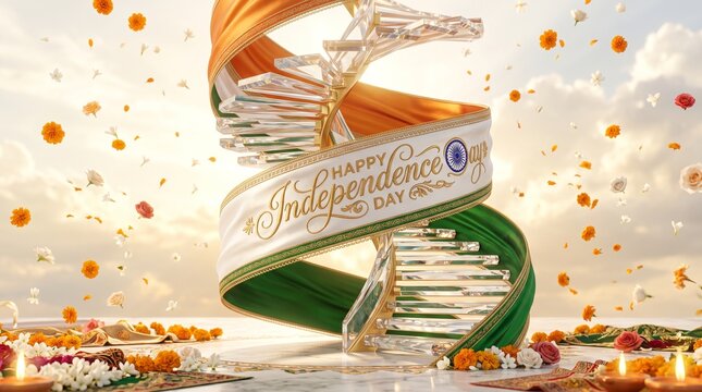 Happy independence day india celebration with tricolor ribbon and stairs