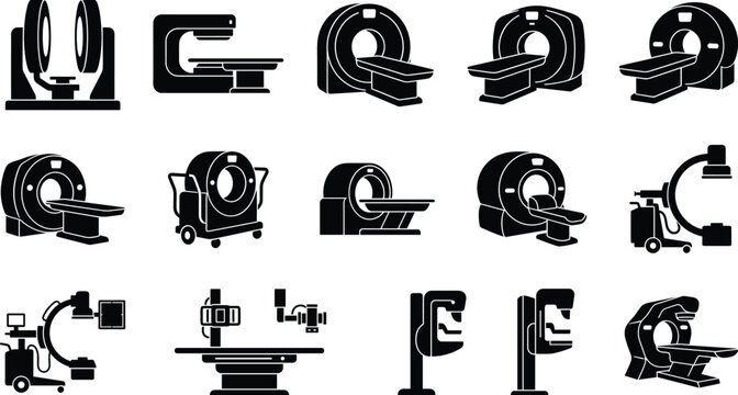 Isometric black silhouettes of medical diagnostic imaging machines featuring MRI and CT scanners vector set