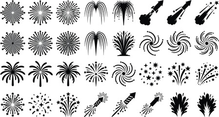 Collection of festive firework silhouettes featuring exploding rockets and starbursts for holiday celebration designs © Asib