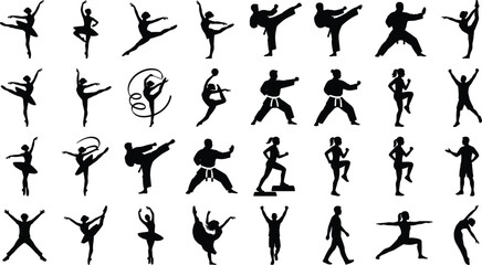 Collection of active sports silhouettes featuring ballet dancers martial arts fighters gymnasts and fitness exercises © Asib