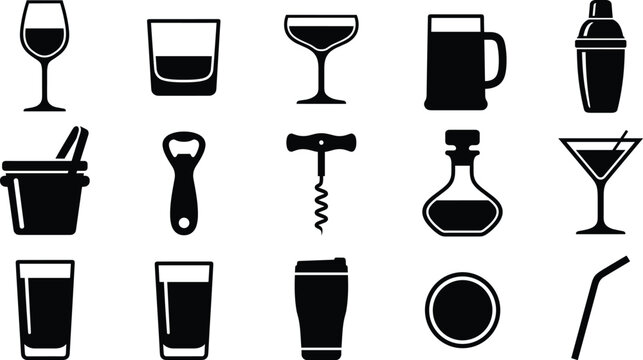 Collection of barware silhouette icons featuring drink glasses cocktail shaker and bartending tools for menu design