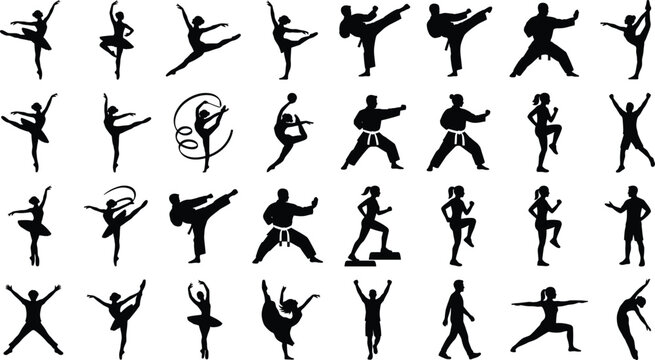 Collection of active sports silhouettes featuring ballet dancers martial arts fighters gymnasts and fitness exercises