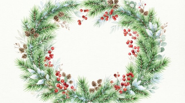 Watercolor christmas wreath with pine branches, berries, and pinecones isolated on white background