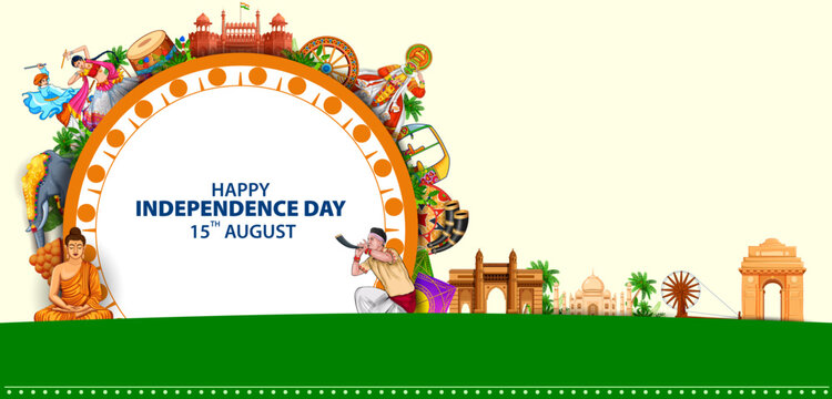 India Independence Day Banner with Famous Monuments Vector