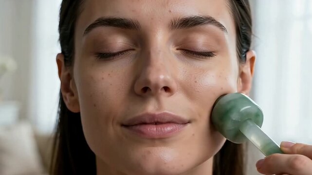 Close-up of young woman with natural freckles using a green jade stone for facial massage. Relaxed skincare routine in bright soft indoor lighting.