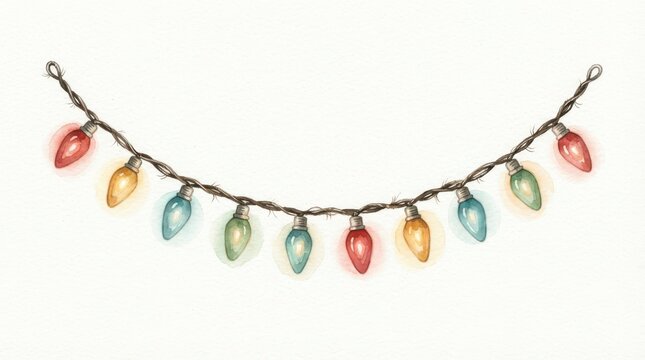 Watercolor string of colorful christmas lights isolated on white background
