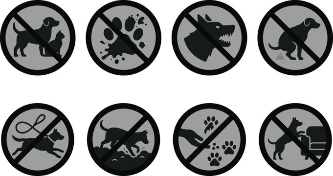 Prohibited pet and dog behavior vector icon set featuring no fouling, digging, and aggressive animals