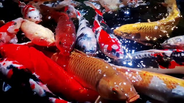 Close up of a colorful Koi fish swimming gracefully in a beautiful artificial garden pond with crystal-clear water. Perfect for themes of aquatic life, ornamental fish, Japanese garden, Zen lifestyle.