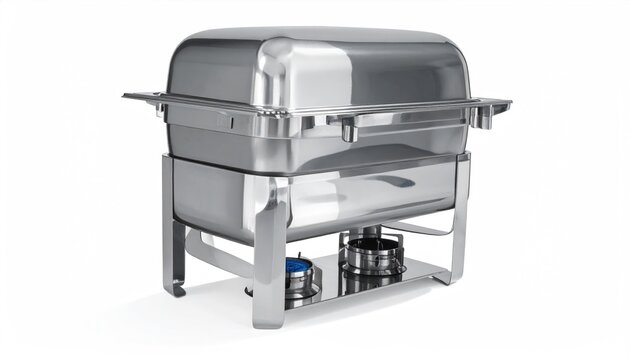Gleaming stainless steel chafing dish with fuel burners on a stand