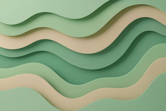 3D abstract wallpaper background with smooth pastel green and beige papercut waves