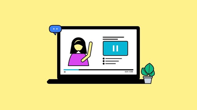 Online learning video tutorial on a laptop screen with character and pause icon