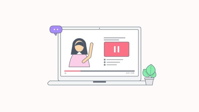 Online video lesson on a laptop screen with a female teacher and chat icon