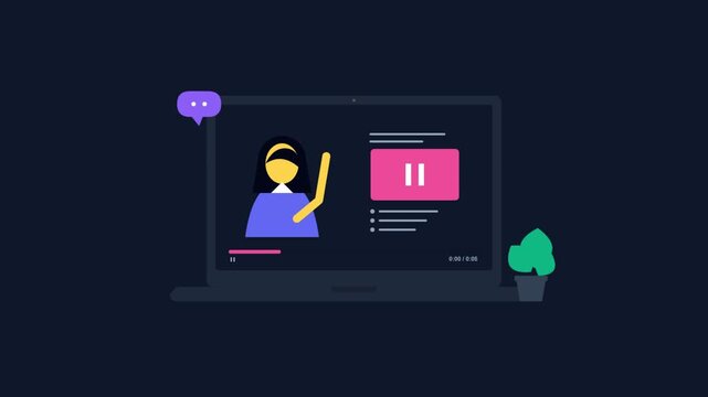 Online learning platform animation on a laptop screen for remote education