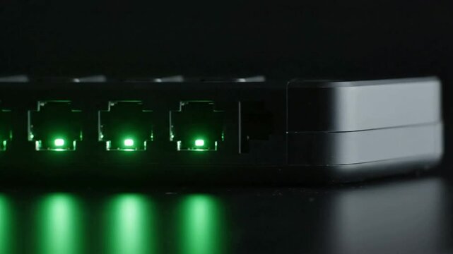 Network ethernet switch with blinking green led status lights for high-speed internet connectivity and data transfer technology