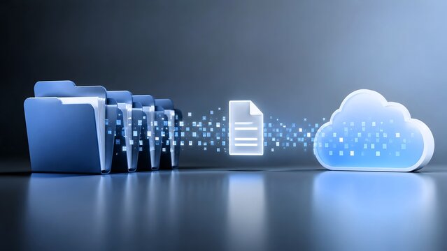 Effortless digital data migration, transferring important files from traditional folders to secure cloud storage for enhanced accessibility and modern business efficiency.
