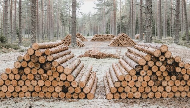 Stacked logs forming geometric patterns in forest clearing.
