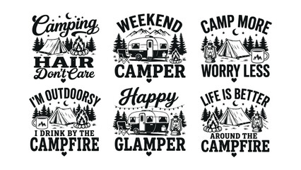 Collection of camping themed graphic designs featuring tents campfires and inspirational phrases © MDRAHMAT