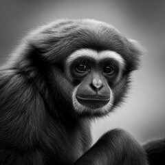 Naklejka premium Close up portrait of a thoughtful gibbon in black and white.